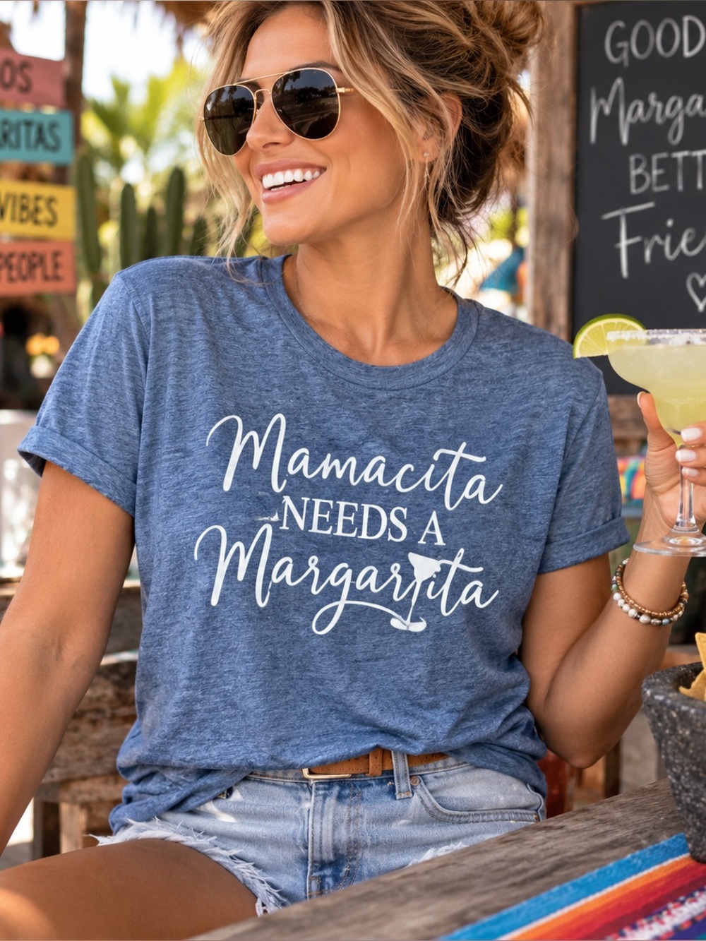 Funny Mom Margarita Shirt Women’s Large Blue “Mamacita Needs a Margarita” Tee